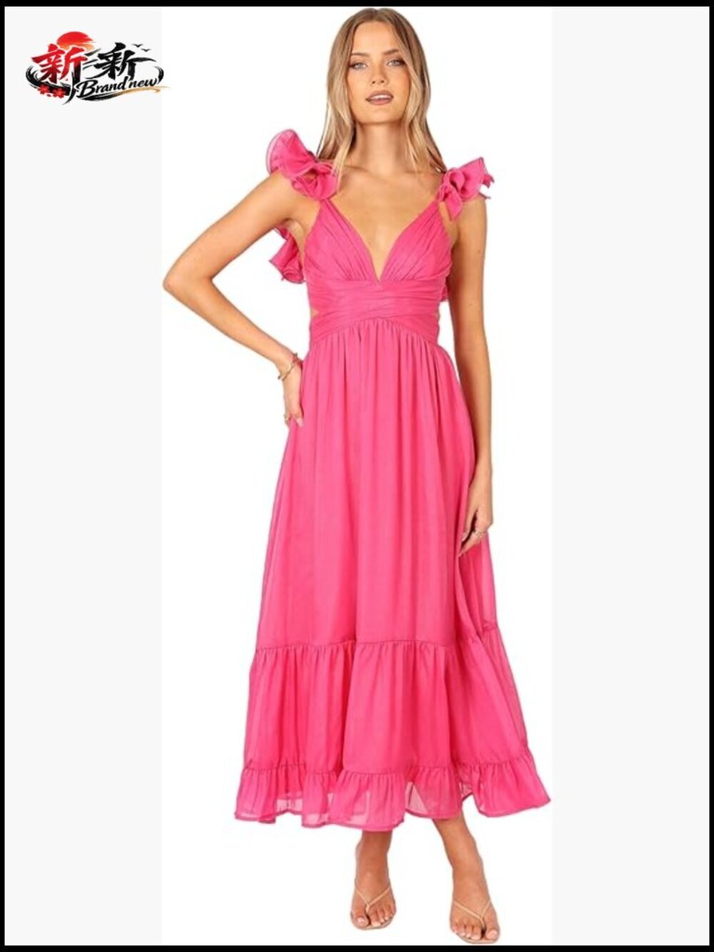 Polyester Formal Midi Dress with Lace Back and Ruffle Straps